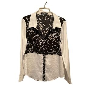 Ivanka Trump Button-Up Shirt Women L Beige/Black Long Sleeve Collared Polyester